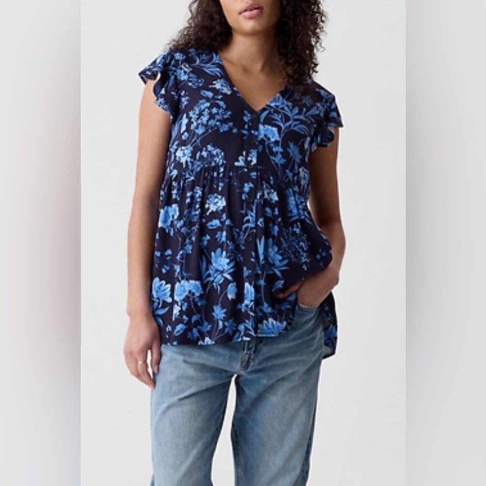 GAP Maternity Flutter-Sleeve Shirt, Blue Floral, S